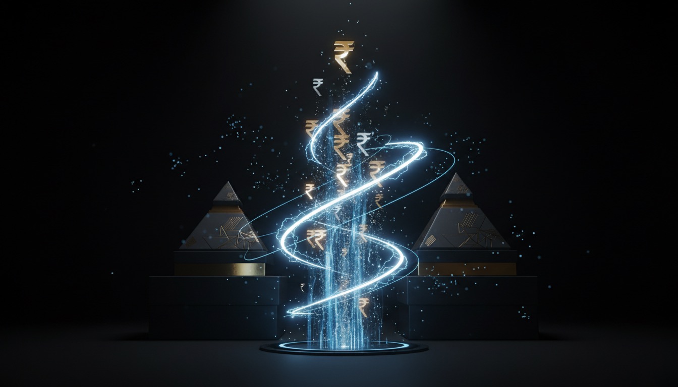 Holographic growth chart with rupee symbols rising in dark studio space