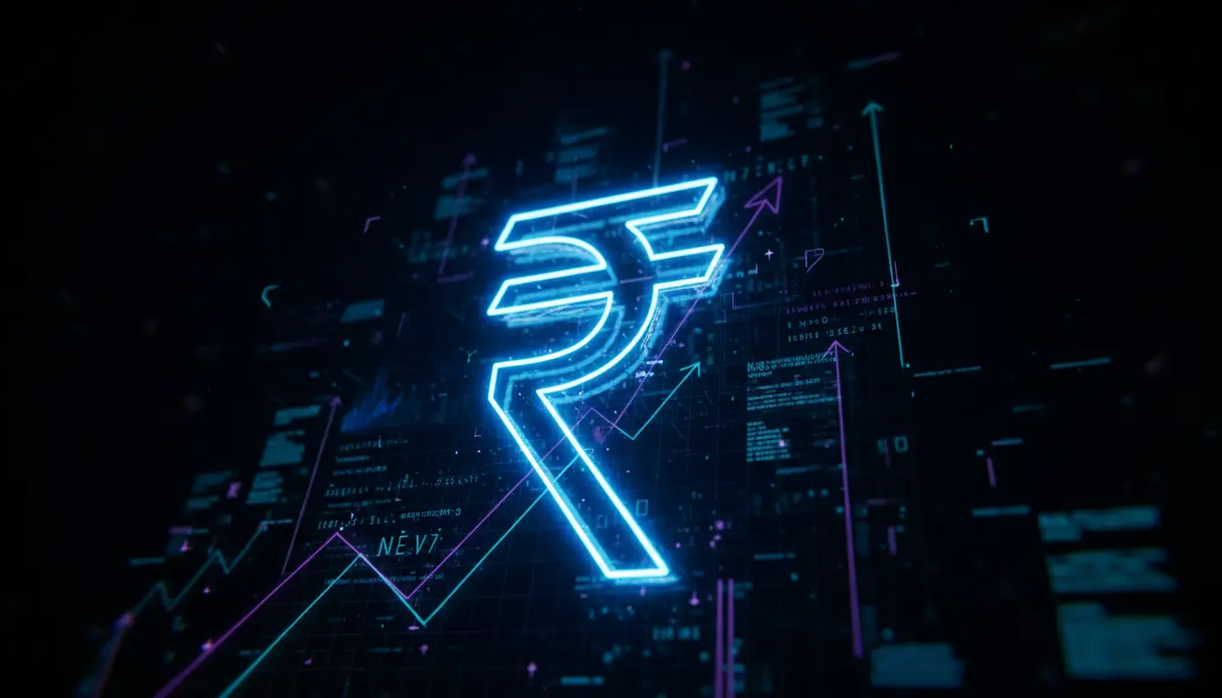 Holographic growth chart with rupee symbols rising in dark studio space