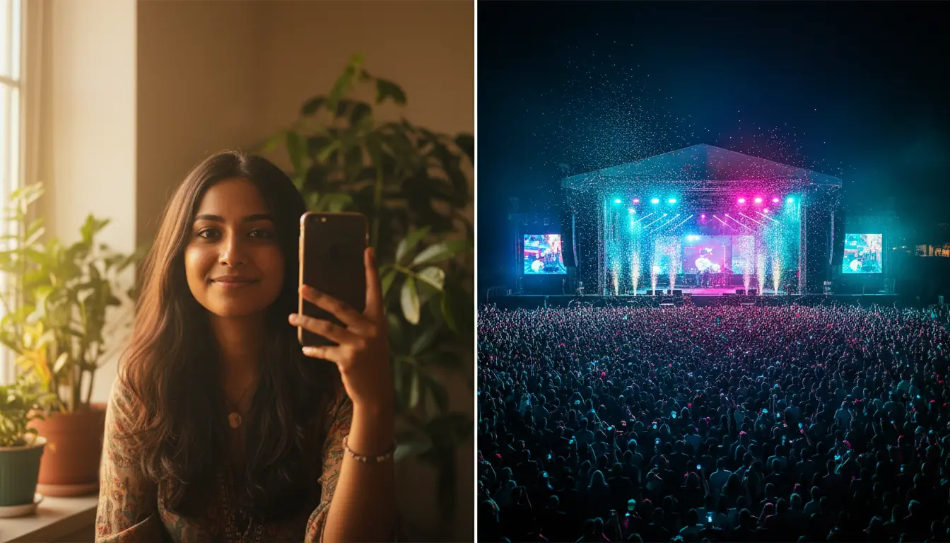 Split frame micro creator filming vs massive concert crowd