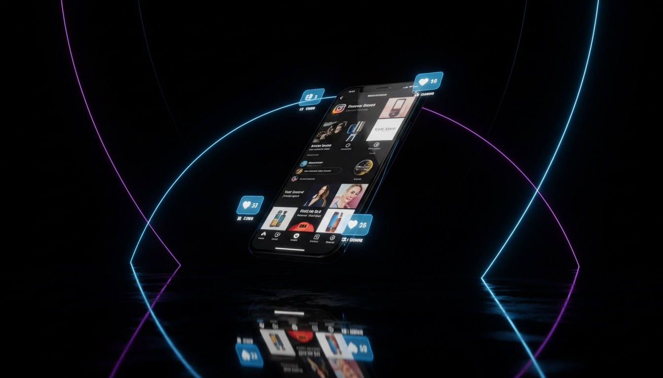 Premium smartphone with curated Instagram feed surrounded by holographic UI