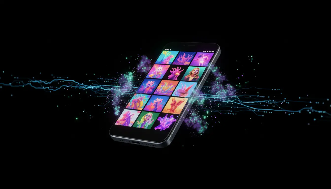 Premium smartphone with curated Instagram feed surrounded by holographic UI