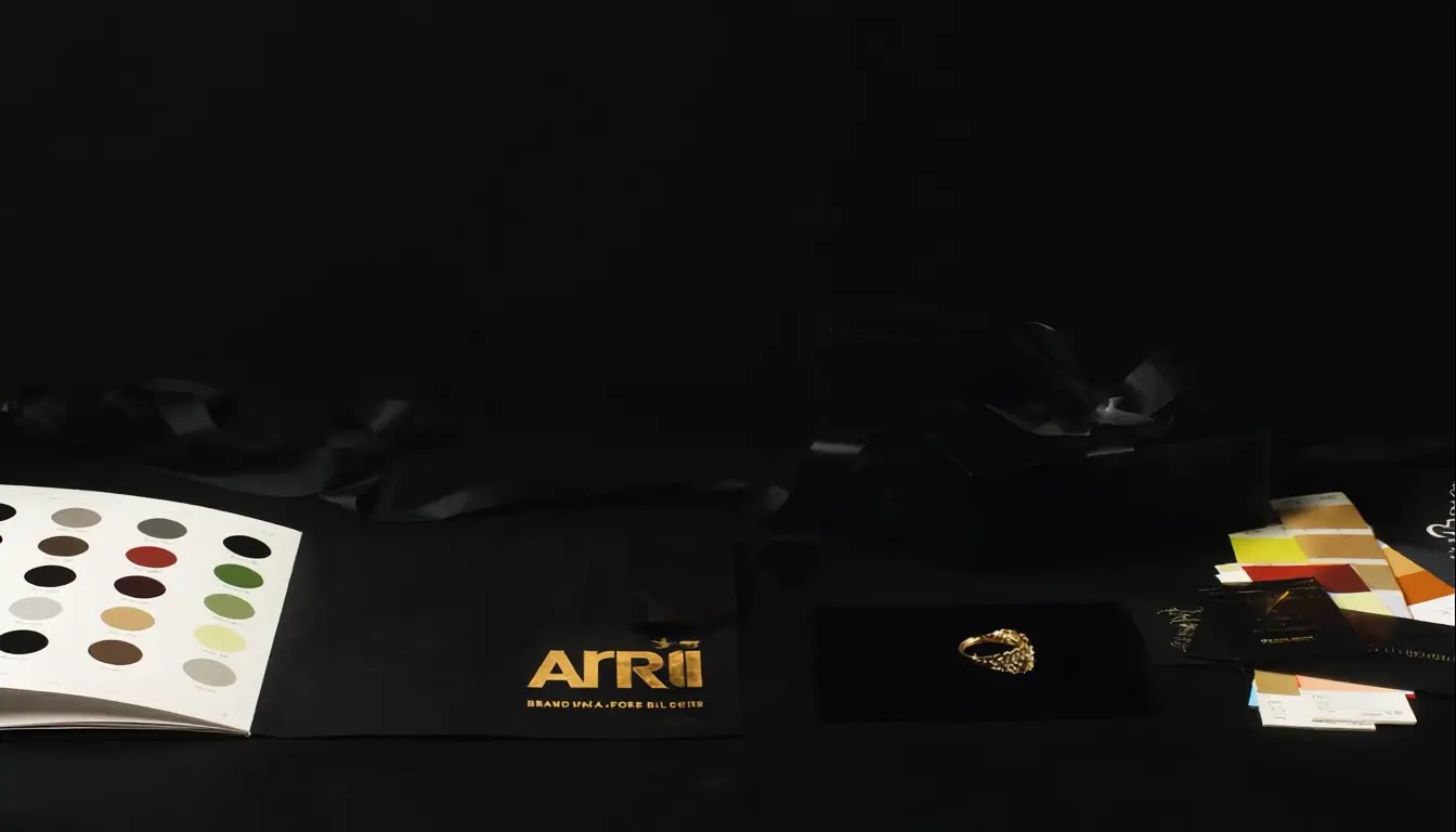 Jewellery brand identity elements flatlay with brand guidelines, packaging and ring on dark desk
