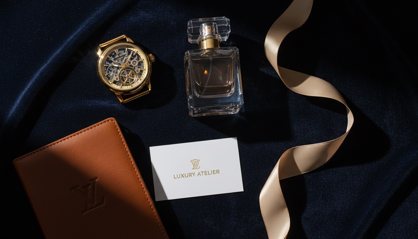 Luxury brand flatlay with gold watch, crystal perfume and leather journal on dark velvet