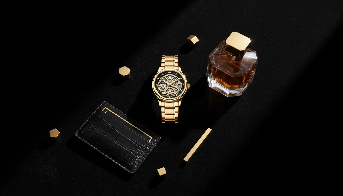 Luxury brand flatlay with gold watch, crystal perfume and leather journal on dark velvet