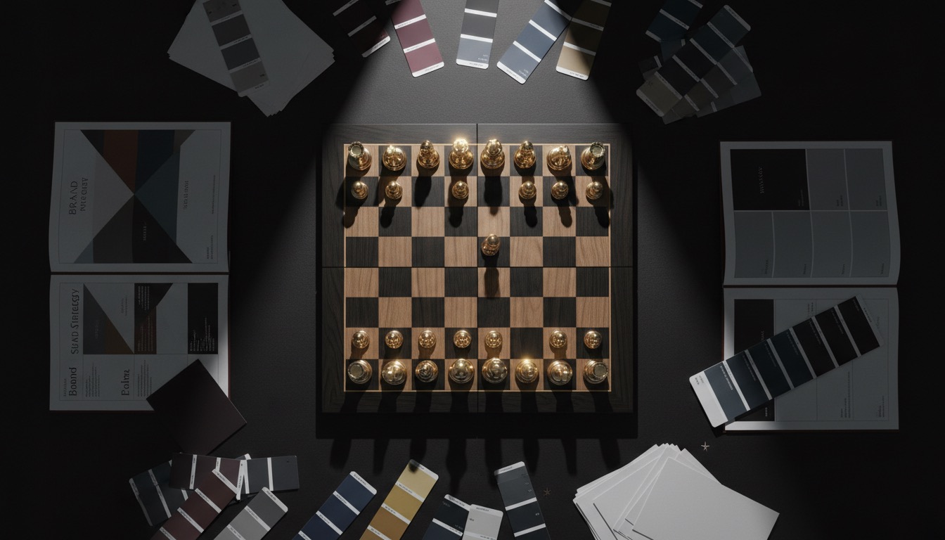 Chess board with gold pieces surrounded by brand strategy documents on dark desk
