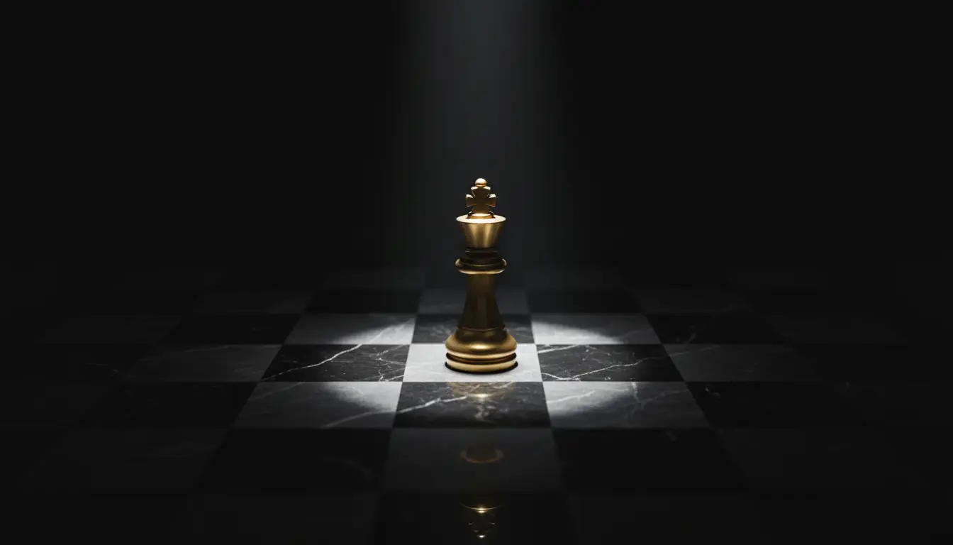 Chess board with gold pieces surrounded by brand strategy documents on dark desk