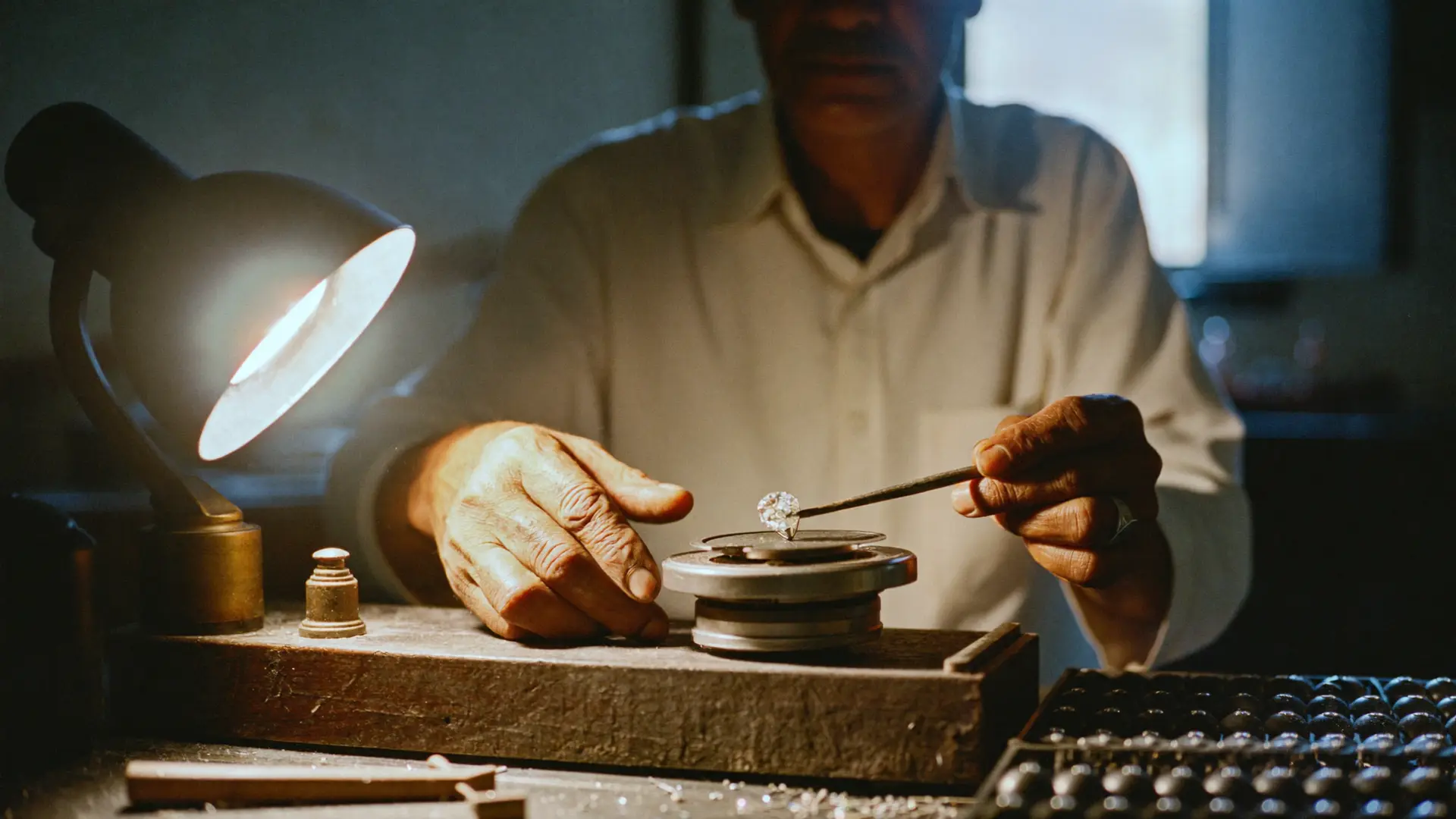 A diamond polisher in Surat holding a stone in a dop stick against the scaife under a raking task lamp, frame from a documentary brand film directed by Indiibot Technology